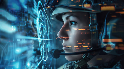 Female Military Operative Using AI for Weaponry and Cyber Security
