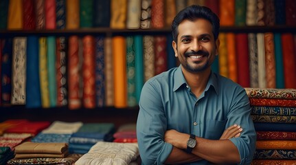 Happy Indian cloth merchant or clothing store owner sitting in shop looking at camera.generative.ai
