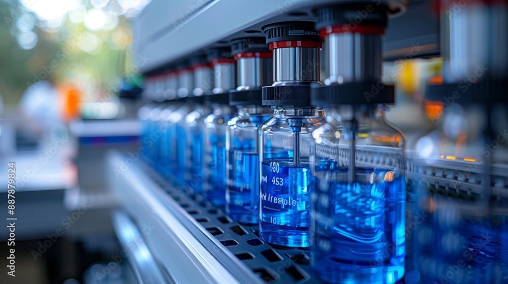 Poster a close-up shot of automated sample preparation equipment in a laboratory setting.