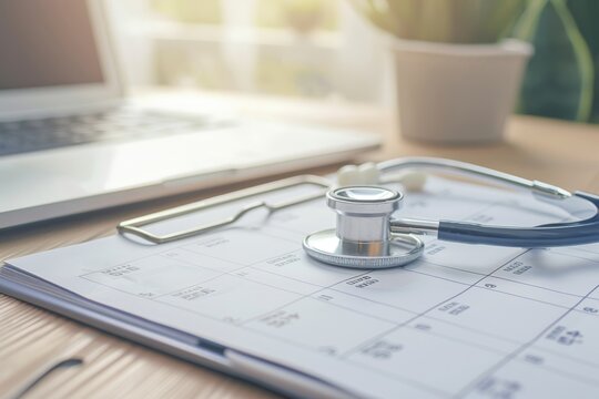Stethoscope on calendar with laptop and plant on desk. Indoor office scene. Healthcare and medical planning concept.