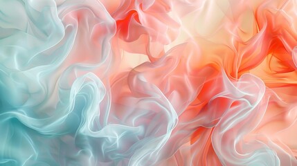 Fototapeta premium Coral and sky blue abstract backdrop featuring flowing textures and ghostly flowers