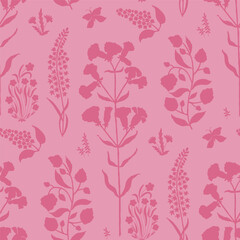 Wild Flower silhouette seamless pattern in pink.