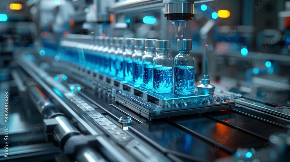 Poster a close-up view of an automated filling and capping process for liquid products on a conveyor belt.