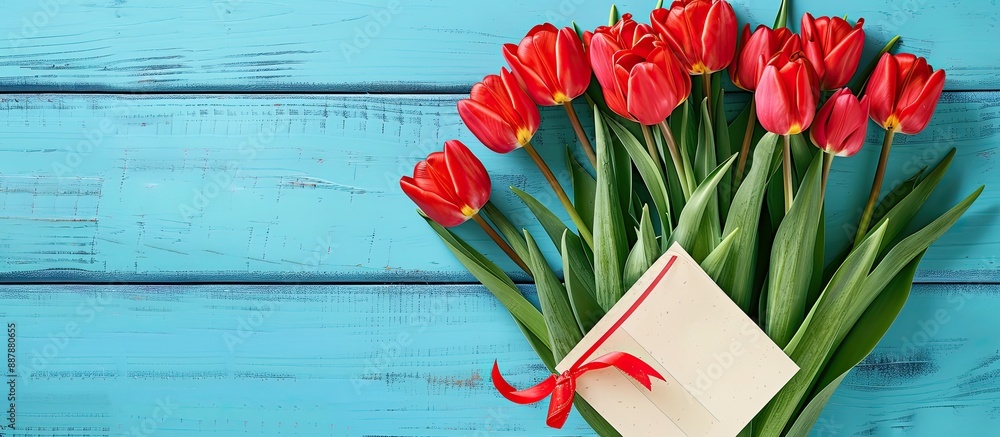Poster mother s day greeting gift design featuring red tulip bouquet and card on a vibrant blue table setti