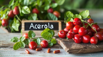 Acerola fruits and supplement capsules on the table. Selective focus.