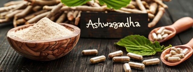 Ashwagandha capsules supplements on the table. Selective focus.