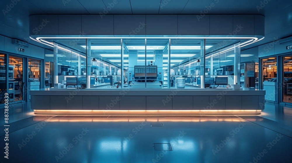 Poster an empty, futuristic lab with clean lines and glass walls, emphasizing the focus on sustainable prac