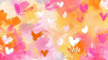 Abstract yellow and pink background with glowing hearts and MOM text