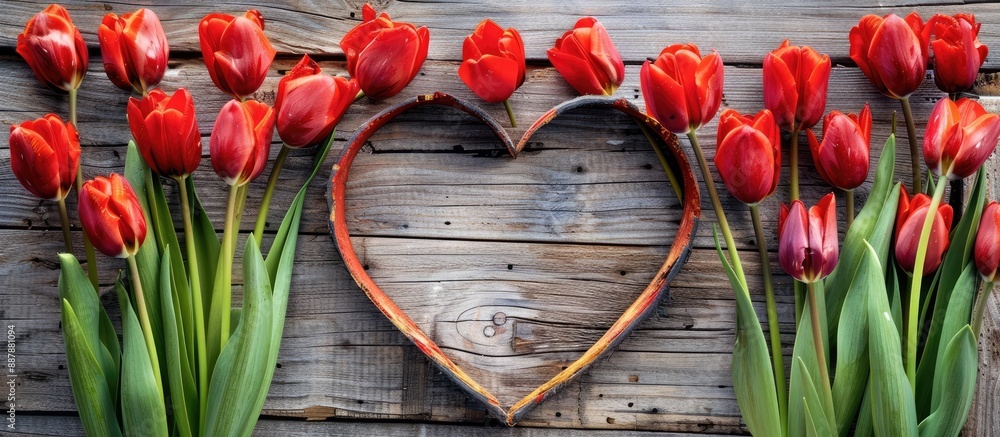 Poster A heart shaped cutout frames red tulips arranged on a vintage wooden table creating a charming scene with copy space image