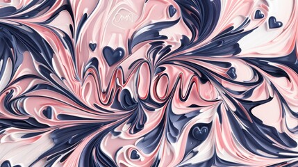 Luminous pink and navy background with swirling patterns and MOM text