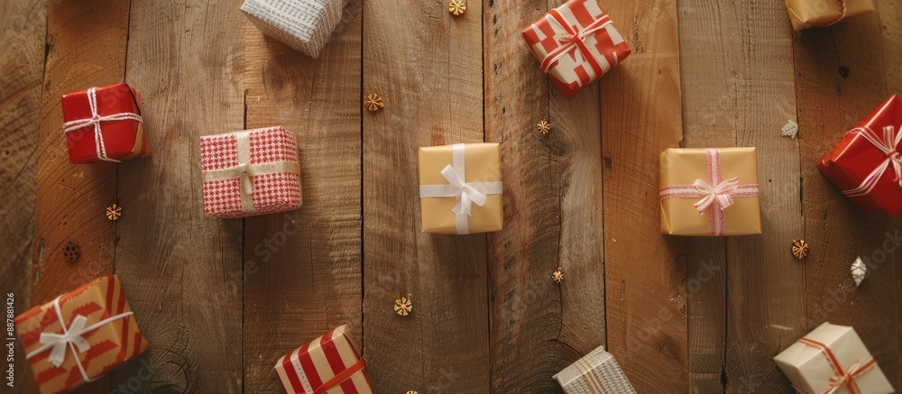 Poster Overhead view of tiny Christmas presents on a wooden surface with copy space image