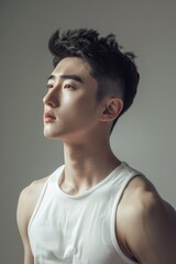 Korean fashion male model, with a handsome face and Dandy cut hair