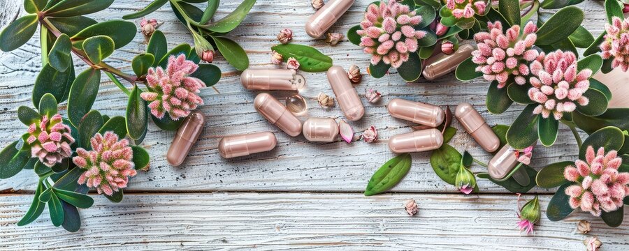 Radiola rosea supplements on the table. Selective focus.