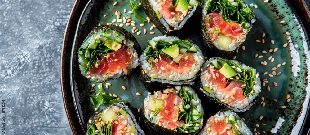 Poster Top down view of homemade avocado tuna wraps arranged on a plate with space for text in the image. with copy space image. Place for adding text or design