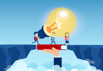 Vector of a teacher hand holding a book bridging the gap in primary education for children passing by with a bright light bulb