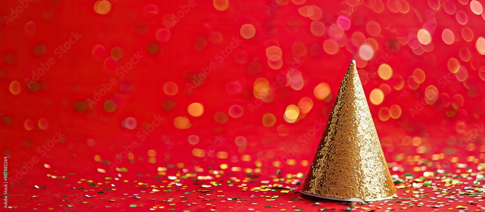 Poster golden party hat with rhinestones on a red backdrop providing room for text in the copy space image