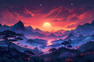 3D landscape Illustration of a wonderful the scene in the style of origami.
