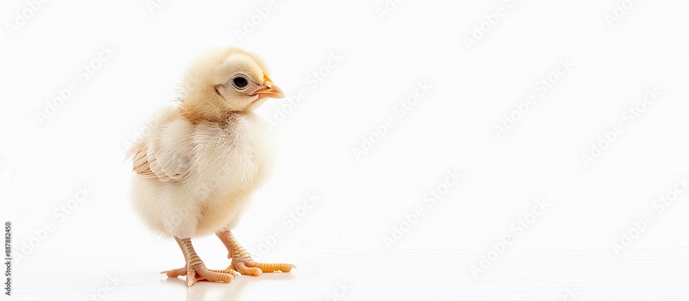 Poster Back view of a cute baby chick in a studio setting with a blank space for your own design or text set against a white background. with copy space image. Place for adding text or design