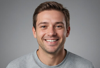 Obraz premium Portrait view of a regular happy smiling United States man, ultra realistic, candid, social media, avatar image, plain solid background