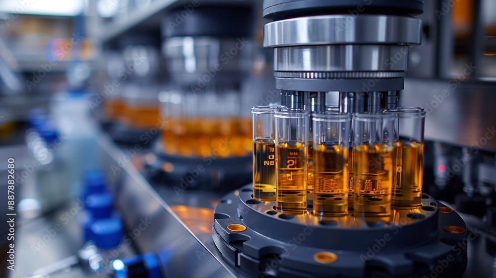 Poster close-up of a laboratory machine filling glass tubes with a yellow liquid, showcasing automated proc