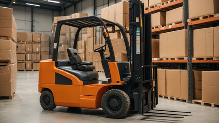 Bright Warehouse Interior with Orange Forklift and Stacks of Cardboard Boxes