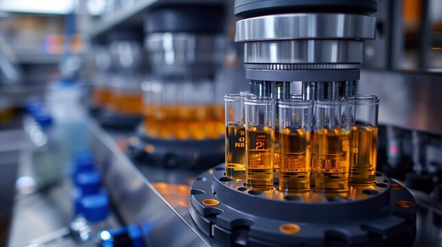 Close-up of a laboratory machine filling glass tubes with a yellow liquid, showcasing automated processes and potential applications in research and development.