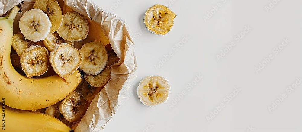 Poster Banana and dried slices in a bag with ample copy space on a white backdrop