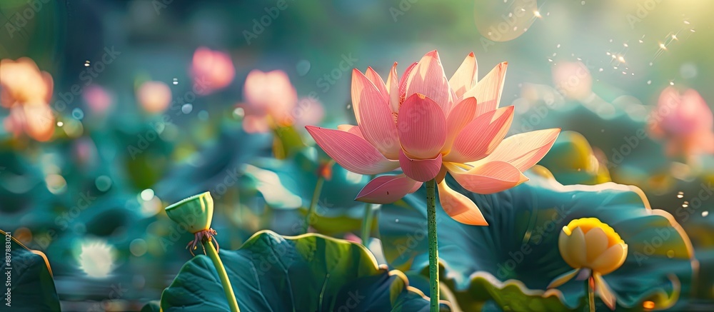 Poster a stunning pink lotus with copy space image set against a backdrop of pink lotus flowers and a yello