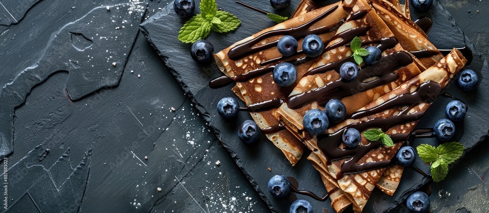 Poster Chocolate crepes with blueberries sauce and mint leaves on a slate plate in a top view shot with a focused area left for text or design known as copy space image