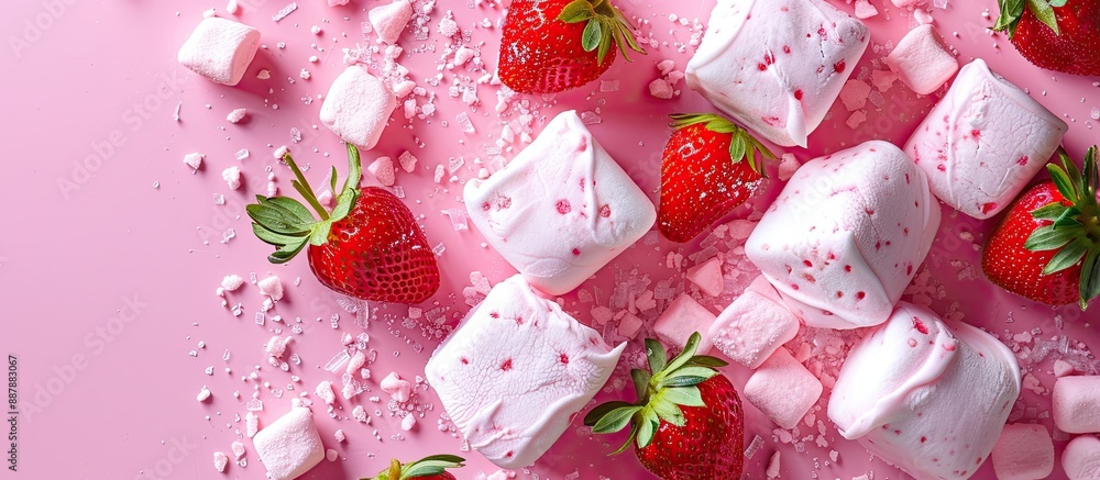 Poster pink homemade marshmallows or zephyr with pink strawberry dessert on a pink background creating a vi