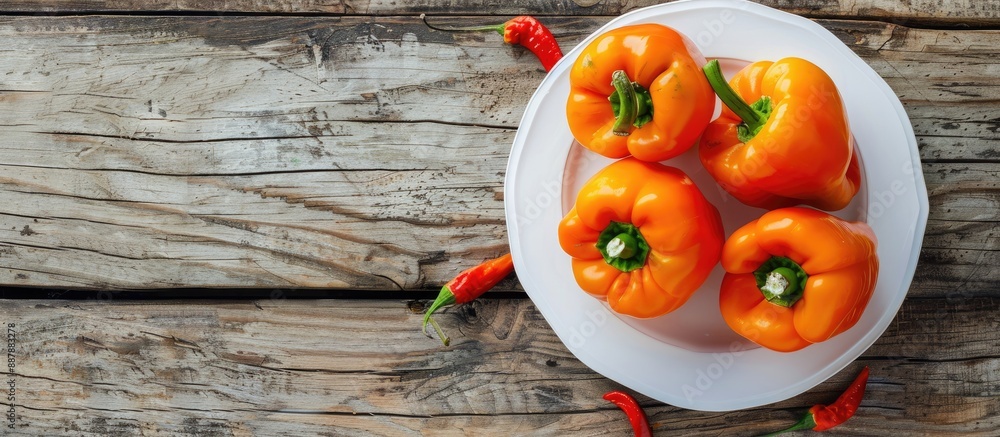 Aufkleber fresh orange peppers arranged on a white plate over a wooden surface with copy space image they are 