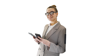 A woman wearing a secretary's uniform is using a tablet, which makes her a positive office worker....