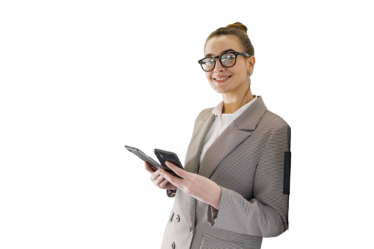 A woman wearing a secretary's uniform is using a tablet, which makes her a positive office worker. cut out
