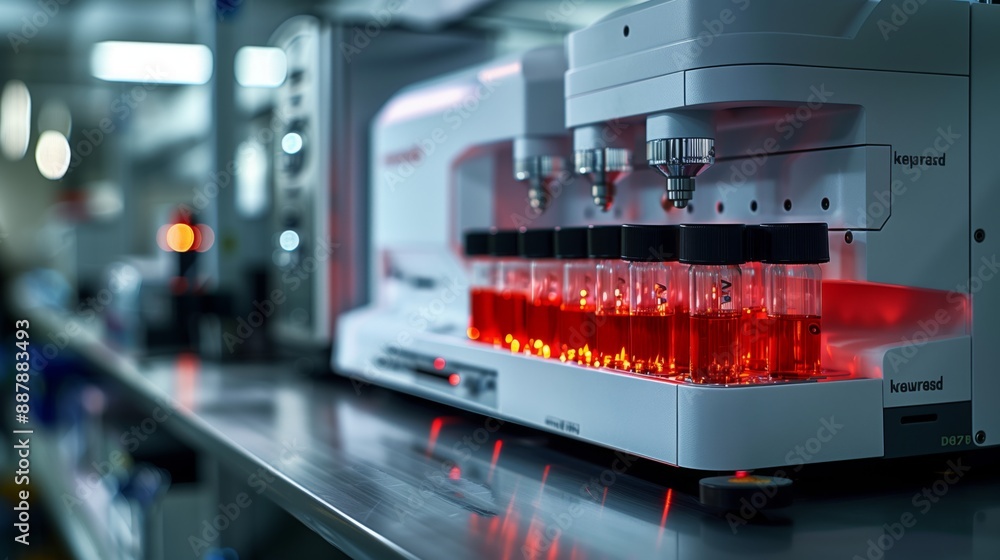 Poster a close-up shot of automated lab equipment with red liquid in vials, showcasing the use of automatio
