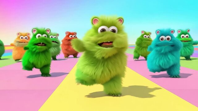 Green, furry monsters, made in a 3D cartoon style, have fun by dancing and waving their paws. Their funny faces and expressive, smiling faces attract attention.