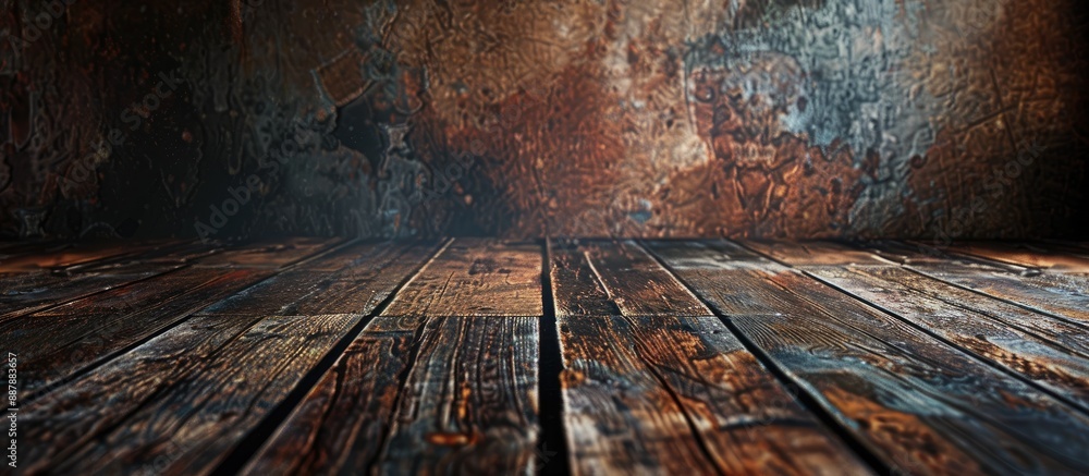 Fototapete rustic grungy floor with an antique wooden panel in an isolated setting with an empty composition pe