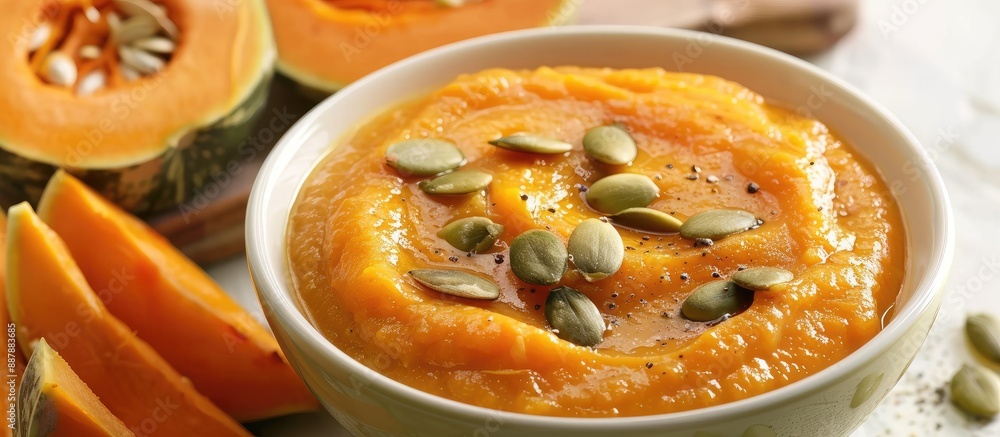 Poster creamy roasted pumpkin and carrot soup with pumpkin seeds set against a white backdrop a cutting boa