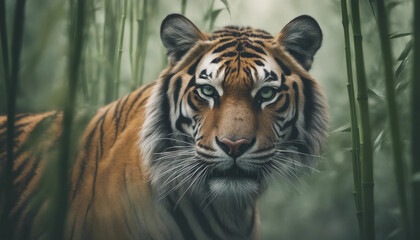 Fototapeta premium A majestic tiger walking through dense bamboo forest, misty morning 
