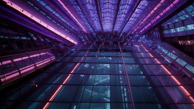 Video animation of interior space with a futuristic design. The high ceiling features parallel lines of bright purple and blue LED lights
