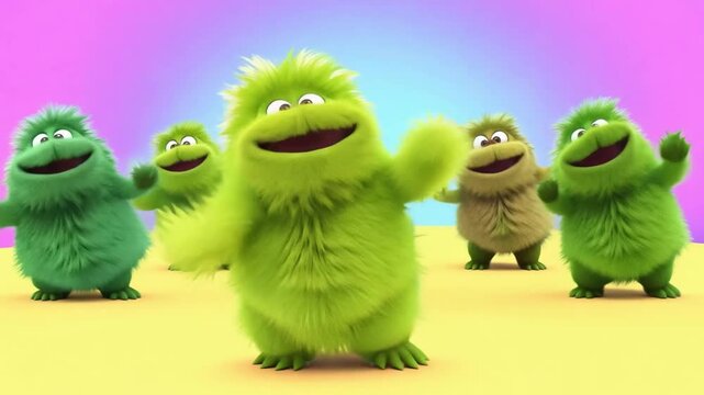 Green, furry monsters, made in a 3D cartoon style, have fun by dancing and waving their paws. Their funny faces and expressive, smiling faces attract attention.