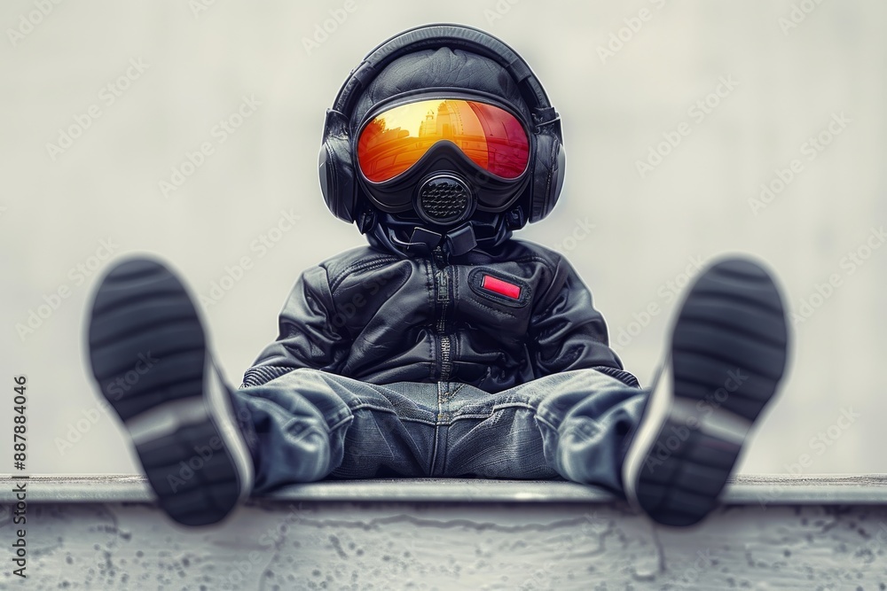 Poster futuristic robot character in a colorful and dynamic illustration, capturing a playful and imaginati