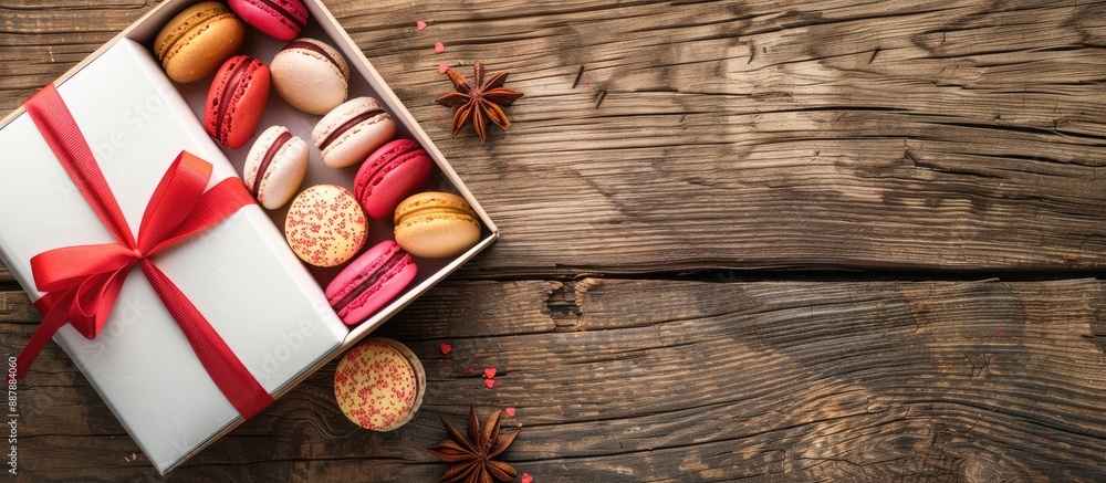Aufkleber Valentine s Day theme with colorful macaroons in a white gift box on a rustic wooden background combined with a blank area for text or images. with copy space image. Place for adding text or design