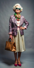 A fashionable elderly woman with silver hair, wearing sunglasses and a stylish outfit, exuding confidence and elegance, perfect for lifestyle and senior fashion themes
