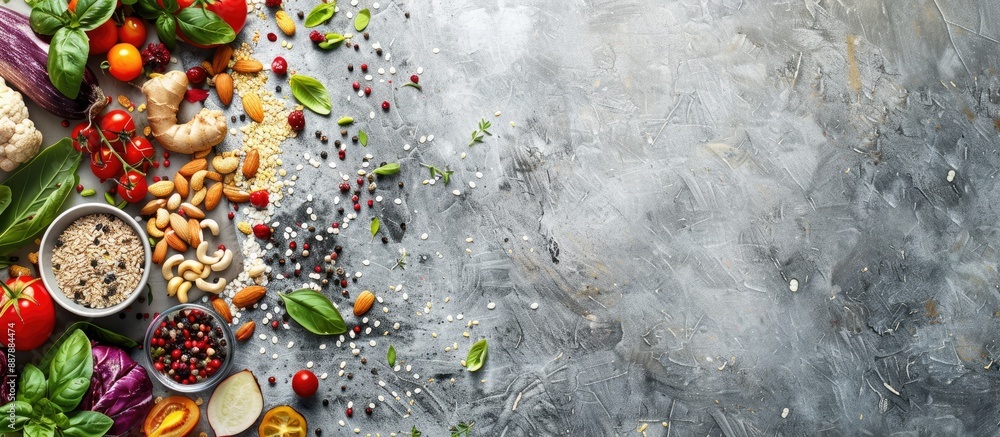 Poster colorful assortment of vegetables and grains on a gray surface creating a vibrant backdrop with copy