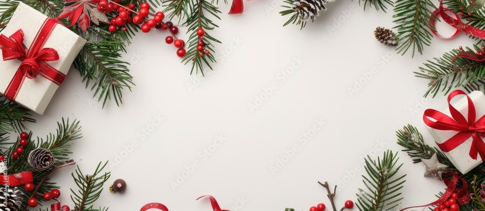 Poster festive holiday arrangement featuring a present evergreen branches and sweets on a blank white backd
