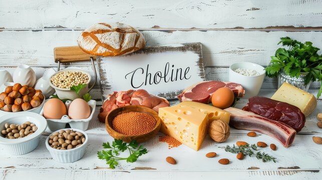Choline is found in foods. Selective focus.