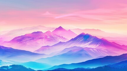 A dreamy landscape of mountains bathed in a vibrant, colorful light. The peaks are shrouded in mist, creating a sense of mystery and wonder