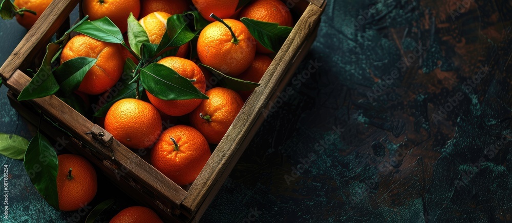 Poster wooden box filled with delicious juicy tangerines displayed on a dark background with copy space ima