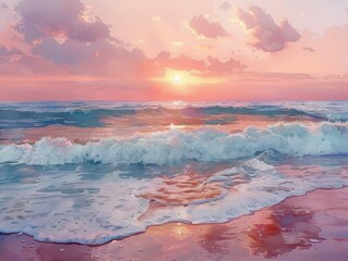 Naklejka premium A serene sunset over ocean waves with pastel colors, capturing the beauty of the sea and sky in a tranquil moment.