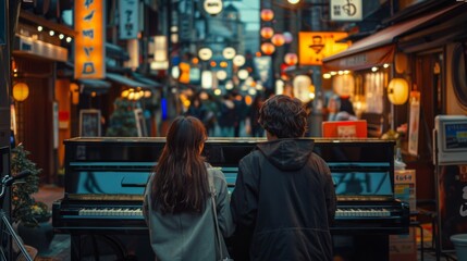 Fototapeta premium Street Piano Performance in Busy Asian Night Market